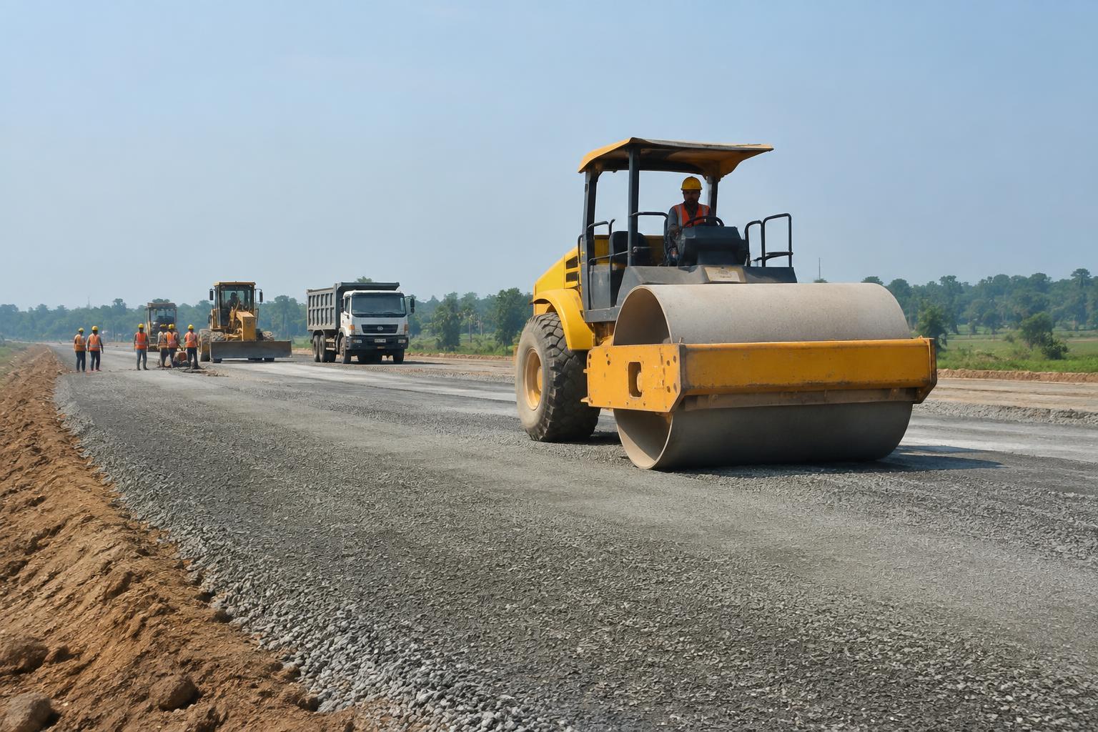 Heavy road roller compacting a new road surface