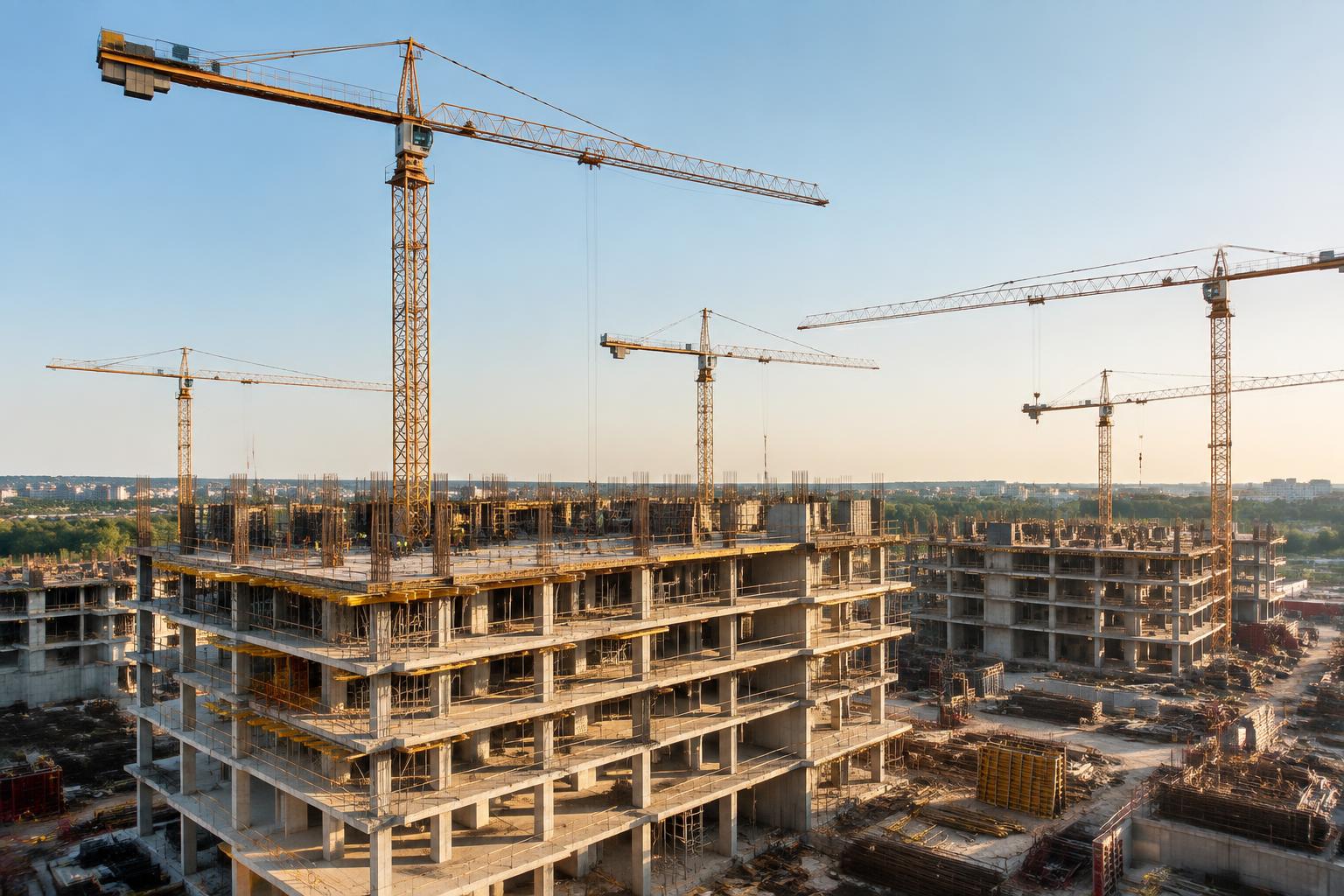 Active building and civil construction site with tower cranes